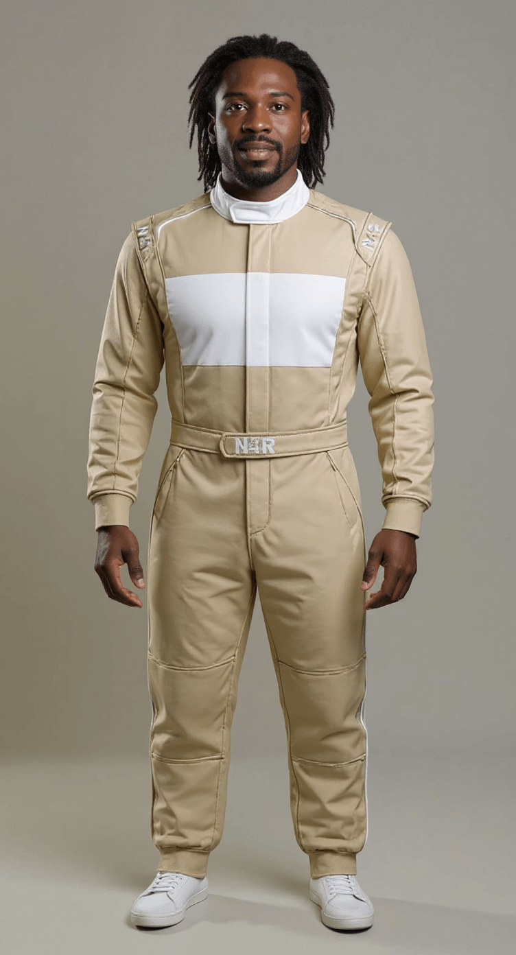 Model wearing the N4R Trademark Champagne racing suit.